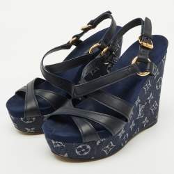 Pre Owned Louis Vuitton Navy Blue Leather and Monogram Denim Ocean Wedge Sandals Size 38