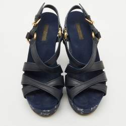 Pre Owned Louis Vuitton Navy Blue Leather and Monogram Denim Ocean Wedge Sandals Size 38