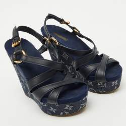 Pre Owned Louis Vuitton Navy Blue Leather and Monogram Denim Ocean Wedge Sandals Size 38
