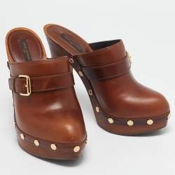 Louis Vuitton Brown Leather Buckle Detail Platform Clogs Size 39