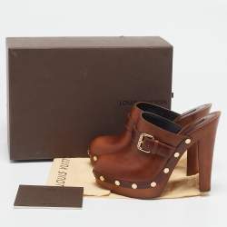 Louis Vuitton Brown Leather Buckle Detail Platform Clogs Size 39
