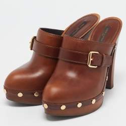 Louis Vuitton Brown Leather Buckle Detail Platform Clogs Size 39