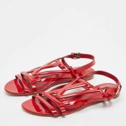 Pre Owned Louis Vuitton Red Patent Leather Slingback Flat Sandals Size 39.5 