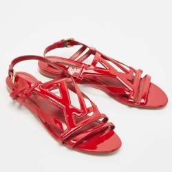 Pre Owned Louis Vuitton Red Patent Leather Slingback Flat Sandals Size 39.5 