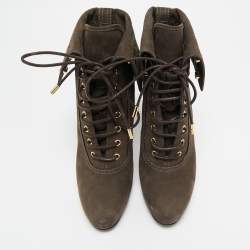 Louis Vuitton Brown Suede Empreinte Fold Over Lace Up Ankle Boots Size 40.5