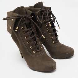 Louis Vuitton Brown Suede Empreinte Fold Over Lace Up Ankle Boots Size 40.5