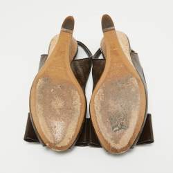 Louis Vuitton Brown Monogram Canvas and Patent Bow Rivoli Slingback Wedge Sandals Size 36.5