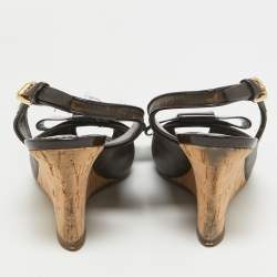 Louis Vuitton Brown Monogram Canvas and Patent Bow Rivoli Slingback Wedge Sandals Size 36.5