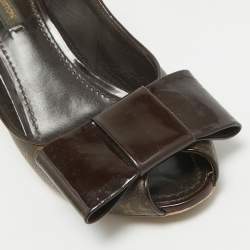Louis Vuitton Brown Monogram Canvas and Patent Bow Rivoli Slingback Wedge Sandals Size 36.5
