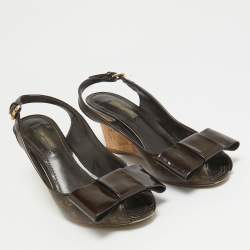 Louis Vuitton Brown Monogram Canvas and Patent Bow Rivoli Slingback Wedge Sandals Size 36.5