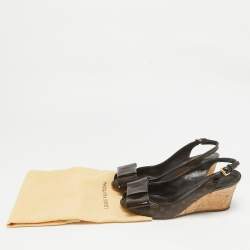 Louis Vuitton Brown Monogram Canvas and Patent Bow Rivoli Slingback Wedge Sandals Size 36.5