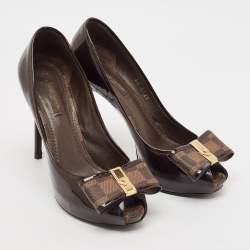 Louis Vuitton Brown Patent Leather Bow Peep Toe Pumps Size 37.5