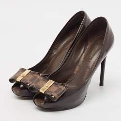 Louis Vuitton Brown Patent Leather Bow Peep Toe Pumps Size 37.5
