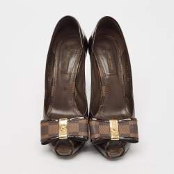 Louis Vuitton Brown Patent Leather Bow Peep Toe Pumps Size 37.5