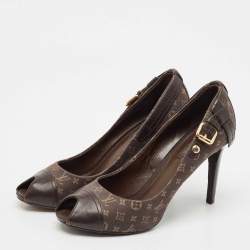 Louis Vuitton Brown Canvas and Leather Mini Lin Peep Toe Pumps Size 38.5