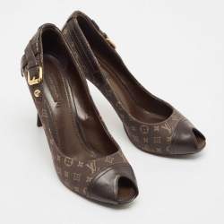 Louis Vuitton Brown Canvas and Leather Mini Lin Peep Toe Pumps Size 38.5