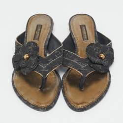 Pre Owned Louis Vuitton Black Denim Trim Monogram Thong Sandals Size 37