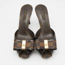 Pre Owned Louis Vuitton Brown Patent Leather and Damier Ebene Bow Slide Sandals Size 39