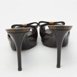 Pre Owned Louis Vuitton Brown Patent Leather and Damier Ebene Bow Slide Sandals Size 39