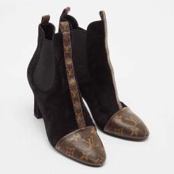 Louis Vuitton Black/Brown Suede and Monogram Canvas Revival Ankle Boots Size 38.5