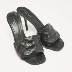 Pre Owned Louis Vuitton Black Monogram Embossed Leather Revival Slide Sandals Size 39
