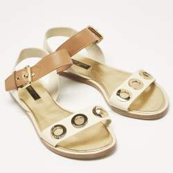 Louis Vuitton Cream/Brown Leather Ankle Strap Flat Sandals Size 39.5
