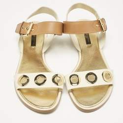 Louis Vuitton Cream/Brown Leather Ankle Strap Flat Sandals Size 39.5