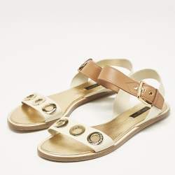 Louis Vuitton Cream/Brown Leather Ankle Strap Flat Sandals Size 39.5