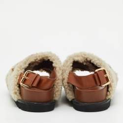 Louis Vuitton White/Brown Shearling Fur and Leather Paseo Comfort Mules Size 36