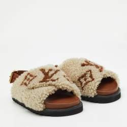 Louis Vuitton White/Brown Shearling Fur and Leather Paseo Comfort Mules Size 36