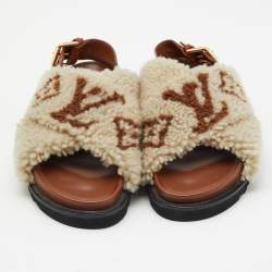 Louis Vuitton White/Brown Shearling Fur and Leather Paseo Comfort Mules Size 36