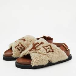 Louis Vuitton White/Brown Shearling Fur and Leather Paseo Comfort Mules Size 36