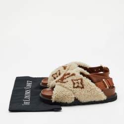 Louis Vuitton White/Brown Shearling Fur and Leather Paseo Comfort Mules Size 36