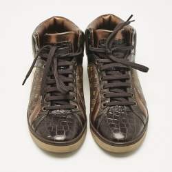 Louis Vuitton Brown Monogram Canvas and Crocodile Punchy High Top Sneakers Size 36.5