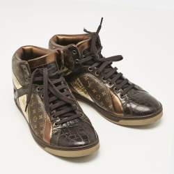 Louis Vuitton Brown Monogram Canvas and Crocodile Punchy High Top Sneakers Size 36.5