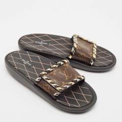 Louis Vuitton Monogram Canvas and Studded Leather Eldorado Flat Slides Size 39