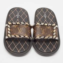 Louis Vuitton Monogram Canvas and Studded Leather Eldorado Flat Slides Size 39