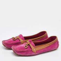 Louis Vuitton Pink/Tan Suede and Leather Charm Slip On Loafers Size 41