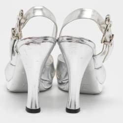 Louis Vuitton Silver Leather Peep Toe Slingback Sandals Size 37