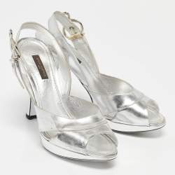 Louis Vuitton Silver Leather Peep Toe Slingback Sandals Size 37
