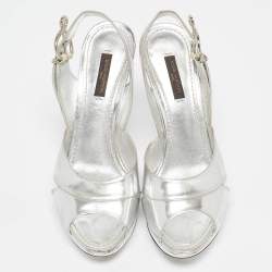 Louis Vuitton Silver Leather Peep Toe Slingback Sandals Size 37