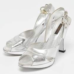Louis Vuitton Silver Leather Peep Toe Slingback Sandals Size 37
