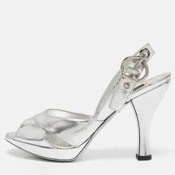 Louis Vuitton Silver Leather Peep Toe Slingback Sandals Size 37