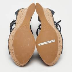 Pre Owned Louis Vuitton Blue Denim and Suede Cork Wedge Sandals Size 36