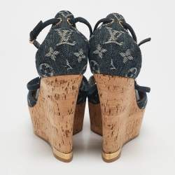 Pre Owned Louis Vuitton Blue Denim and Suede Cork Wedge Sandals Size 36