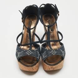 Pre Owned Louis Vuitton Blue Denim and Suede Cork Wedge Sandals Size 36