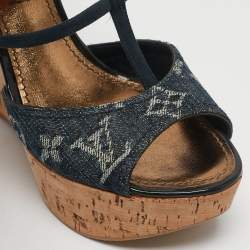 Pre Owned Louis Vuitton Blue Denim and Suede Cork Wedge Sandals Size 36