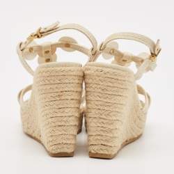 Louis Vuitton Cream Canvas Embellished Wedge Sandals Size 37.5
