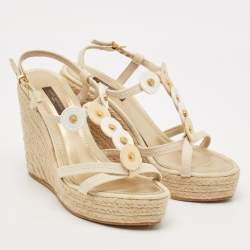 Louis Vuitton Cream Canvas Embellished Wedge Sandals Size 37.5
