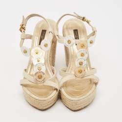 Louis Vuitton Cream Canvas Embellished Wedge Sandals Size 37.5